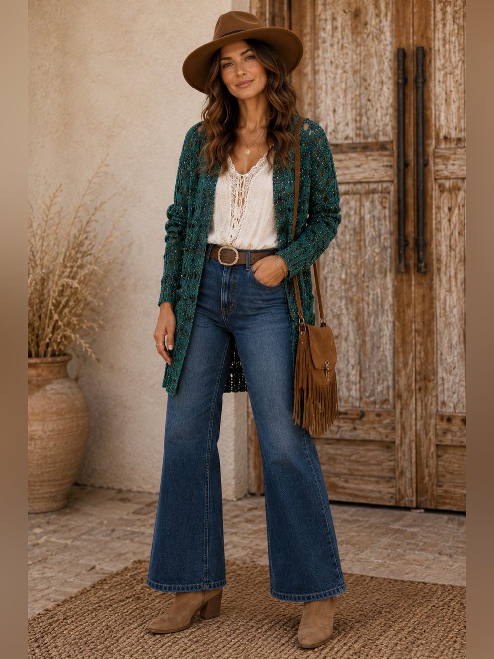 Ya Los Angeles Teal Open Knit Crochet Button Front Long Cardigan L Boho Festival